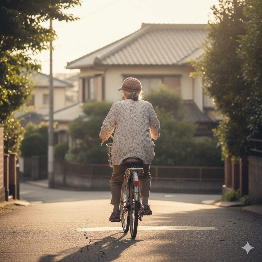 坂道を自転車で上るお婆さんの後ろ姿（AIに作ってもらいました）